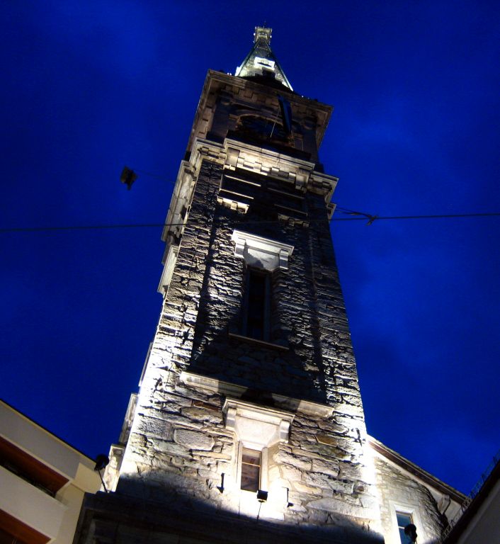 Consequently, it was fairly late when we made it to St. Moritz. This is a view of the tower of the church that was right next to our hotel, the Monopol.It’s a very nice hotel in a good location in the middle of the town, which makes it handy for the shops and restaurants, but a bit of an uphill hike from the station that you’re almost certainly not going to want to experience with your suitcases in tow.